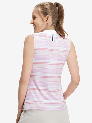 Back upper body shot of model wearing pink purple stripes women's sleeveless v-neck print golf shirts