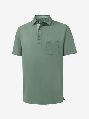 3d view of garment in celadon green heather of performance heather contrast collar polo shirts.