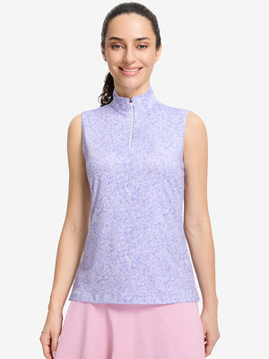 Front upper body shot of model wearing lavender rose women's sleeveless q-zip print quick dry golf tops