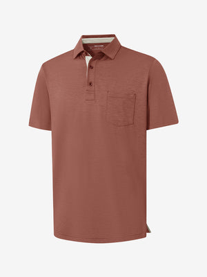 3d view of garment in red ochre heather of performance heather contrast collar polo shirts.