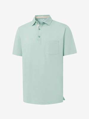 3d view of garment in light green heather of performance heather contrast collar polo shirts.