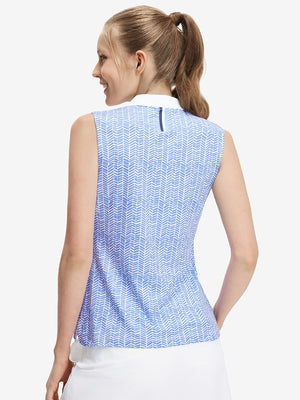 Back upper body shot of model wearing white blue stripes  women's sleeveless v-neck print golf shirts