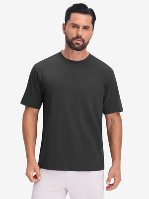 Front upper body view in black heather of moisture wicking heather round neck athletic t-shirts.