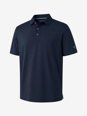 3d view of garment in navy of nylon blend casual jacquard polo shirts.