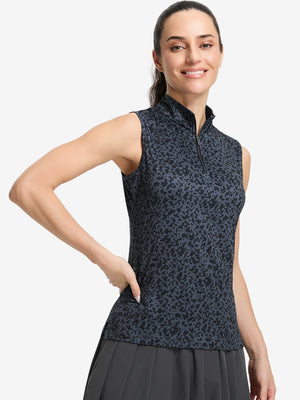 Front upper body shot of model wearing black gray blocks women's sleeveless q-zip print quick dry golf tops