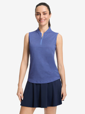 Front upper body shot of model wearing light blue navy women's q-zip pin striped texture golf shirts