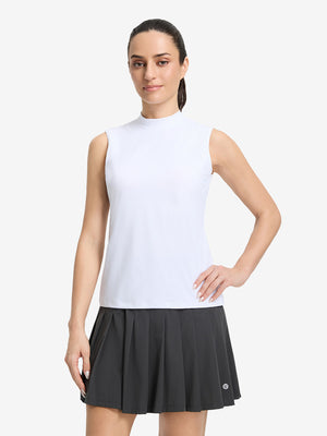 Front upper body shot of model wearing white women's moisture-wicking mock neck sleeveless golf tops