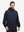 Front upper body shot of model wearing navy waterproof lightweight rain jacket with hood