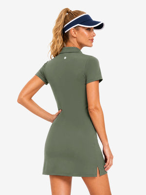 Back upper body view in mossy stone of women's lightweight golf dress with 2 pockets.