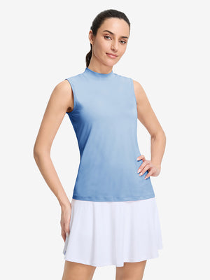 Front upper body shot of model wearing light blue women's moisture-wicking mock neck sleeveless golf tops