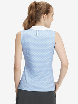 Back upper body shot of model wearing blue plaid women's sleeveless v-neck print golf shirts