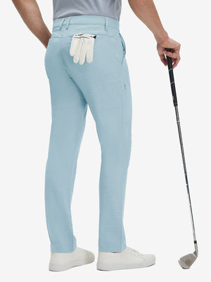 Back lower body shot of model wearing light blue straight fit lightweight dress golf pants