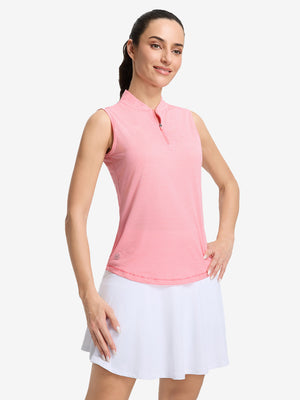 Front upper body shot of model wearing pink coral white  women's q-zip pin striped texture golf shirts