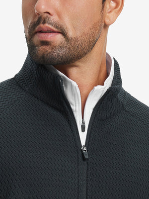 Close-up from nose to chest, highlighting collar detail of soft winter fleece jackets in black.