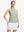 Front upper body shot of model wearing moss green white women's q-zip pin striped texture golf shirts