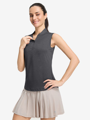 Front upper body shot of model wearing light and dark grey women's q-zip pin striped texture golf shirts