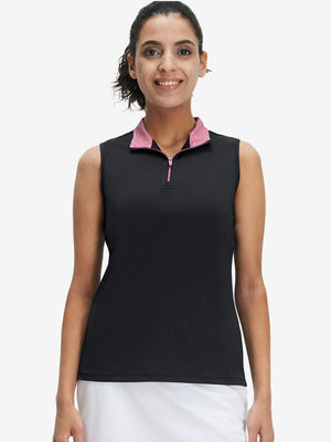 Front upper body shot of model wearing black women's athletic quarter zip tank tops