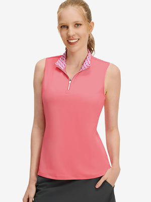 Front upper body shot of model wearing pink women's athletic quarter zip tank tops