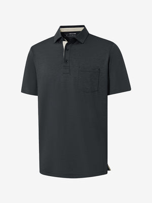 3d view of garment in black heather of performance heather contrast collar polo shirts.
