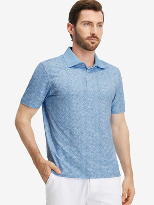 Front upper body shot of model wearing blue white abstract maze premium ribbed collar print polo shirts