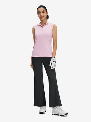 Front full body shot of model wearing black women's high waist stretch golf pants with pockets