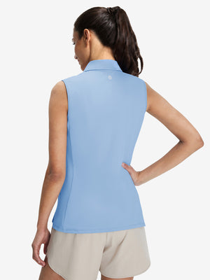 Back upper body view in light blue of women's 4 buttons golf polo shirts.