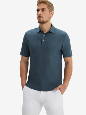 Front half body shot of model wearing dolphin grid performance reflective checked collar golf shirt