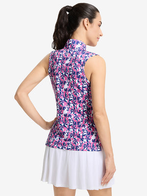 Back upper body shot of model wearing rose red florals women's sleeveless q-zip print quick dry golf tops