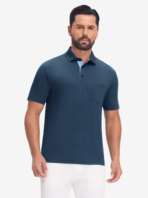 Front upper body view in dark blue heather of performance heather contrast collar polo shirts.