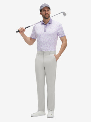 Front full body shot of model wearing light gray straight fit lightweight dress golf pants