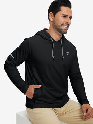 Model sitting with one hand in pocket wearing casual solid fleece hoodies pullover in black.