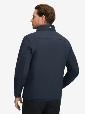 Back upper body shot of model wearing navy warm puffer winter golf jacket