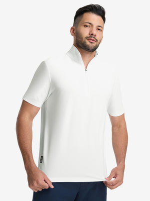 Front upper body shot of model wearing white waffle texture 1/4 zip pullover