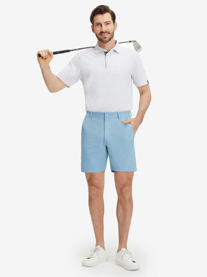 Front full body shot of model wearing sky blue flat front flex cotton blend golf shorts