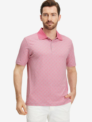 Front upper body shot of model wearing pink small fish premium ribbed collar print polo shirts