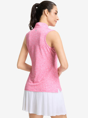 Back upper body shot of model wearing  pink white florals women's sleeveless q-zip print quick dry golf tops