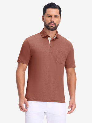 Front upper body view in red ochre heather of performance heather contrast collar polo shirts.