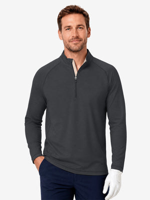 Model front upper body wearing presentation, dry fit athletic 1/4 zip sweatshirt in black heather
