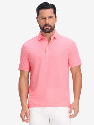 Front half body shot of model wearing pink coral white comfy breathable pin-stripe texture golf polos