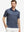 Front upper body shot of model wearing dark blue golf premium ribbed collar print polo shirts
