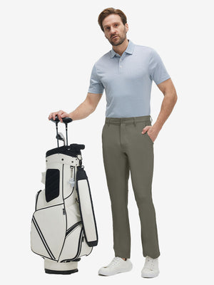 Front full body shot of model wearing tea brown straight fit lightweight dress golf pants