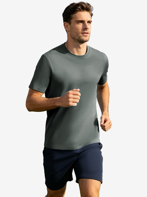 Running front full body view in grey of men's short sleeve slim fit roma knit t-shirt.