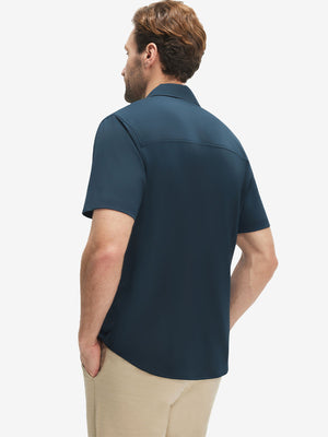 Back upper body shot of model wearing navy cool print plain button up shirts