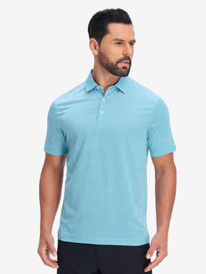 Front half body shot of model wearing blue white comfy breathable pin-stripe texture golf polos