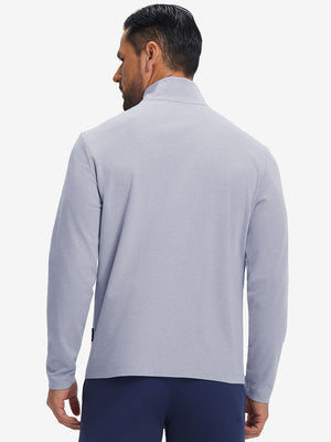 Back view showing fit of two tone pique cotton blend q-zip in navy