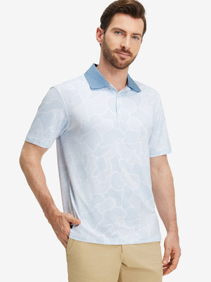 Front upper body shot of model wearing grey irregular shape premium ribbed collar print polo shirts