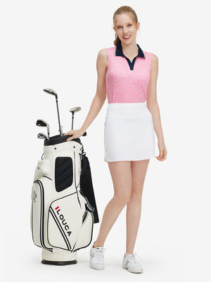 Front full body shot of model exercising in pink white florals women's sleeveless v-neck print golf shirts