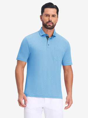 Front upper body view in blue heather of performance heather contrast collar polo shirts.
