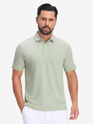 Front half body shot of model wearing moss green white comfy breathable pin-stripe texture golf polos