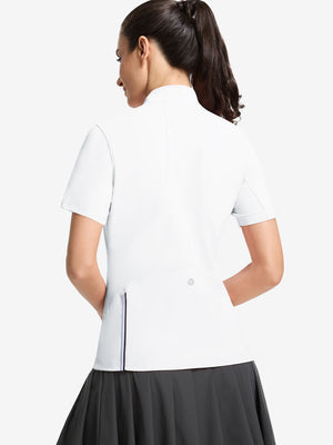 Back upper body shot of model wearing white women's breathable 1/4 zip pullover golf shirts